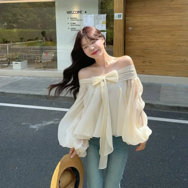 French One-shoulder Bubble Sleeve Shirt for Women with Irregular Bow Design in Early Spring with Off-the-shoulder Women's Top - Image 3