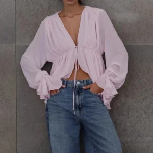 2025 New Casual Women's Wear 2025 New Sexy Hot Girl Lace-Up Long Sleeve Top Pleated Loose Design French Shirt for Women