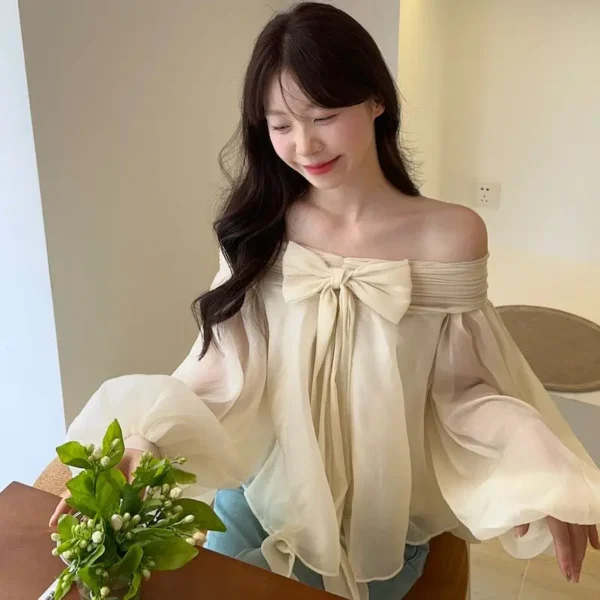 French One-shoulder Bubble Sleeve Shirt for Women with Irregular Bow Design in Early Spring with Off-the-shoulder Women's Top - Image 5