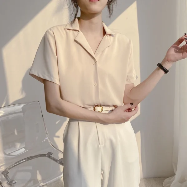 Women Summer Chiffon Blouse Elegant Short Sleeve V Neck Loose Shirt Casual Solid Korean Chic Simple Tops Female Tunic Blusas - Image 2