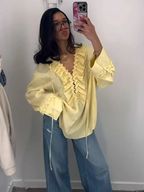 Yellow Casual Ruffles Lace-up Shirts For Women Fashion Loose Long Sleeve V Neck Summer Blouse Lady Lightweight Holiday Tops 2025 - Image 6