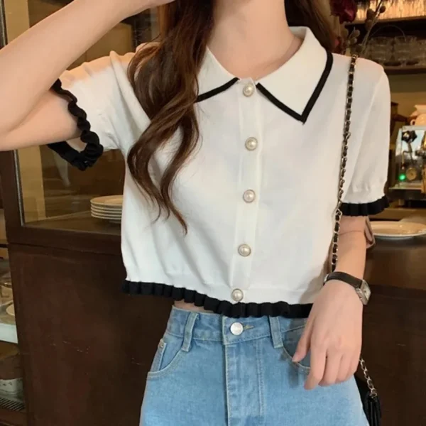 Sweet Women Shirt Korean Knitted Turn Down Collar Chic Short Sleeve Female Blouse Summer Retro Slim All Match Ladies Crop Tops - Image 6