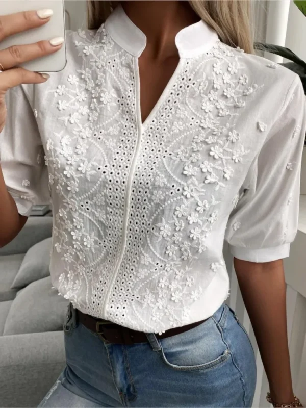 Summer Women's White Top Blouse New Fashion Elegnat V Neck Short Sleeve Casual Office Party Tops Shirts Female Lace Shirt - Image 5
