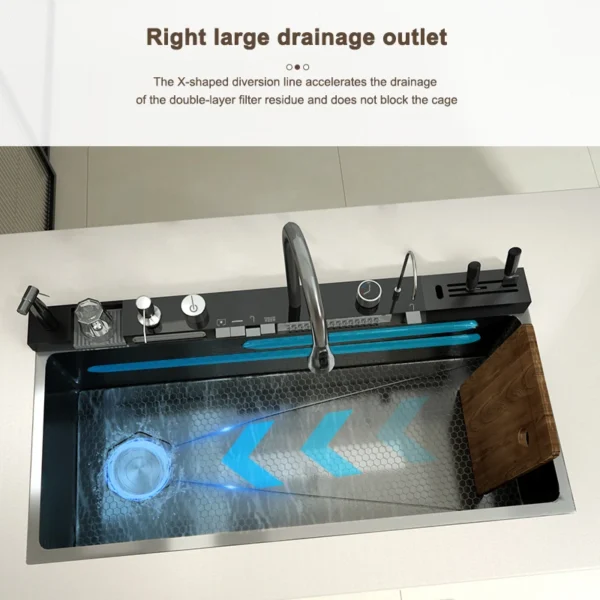 Stainless Steel Golden Kitchen Sink Multifunctional Waterfall Outlet Single Slot Piano Button Digital Display - Image 5