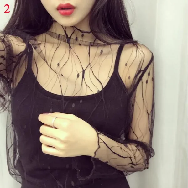 Sexy Women Mesh T-Shirts Transparent Lace Blouse Long Sleeve See Through Tops For Women O Neck Sheer Tees Body Crop Top - Image 3