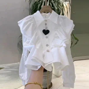 Korean Elegant Office Lady's White Shirts Sweet Matching Tiered Ruffle Blouses Pearl Button Long Sleeve Top Chic Women's Shirts