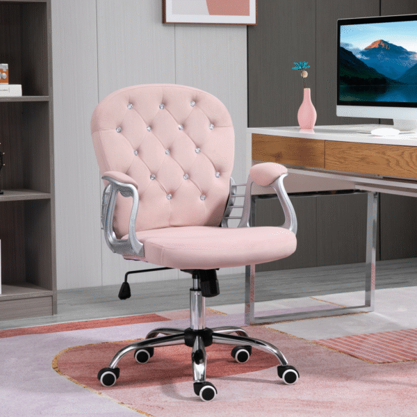 Office Chair Luxury Velour Diamond Tufted Padded Ergonomic 360� Swivel Pink - Image 2