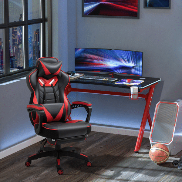 Gaming Chair Ergonomic Reclining w/ Manual Footrest Wheels Stylish Office Red - Image 2