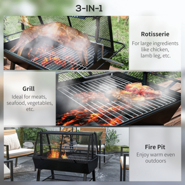 Outsunny 3-in-1 BBQ Rotisserie Grill Roaster Fire Pit for Outdoor Picnic Camping - Image 4