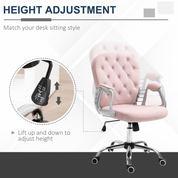 Office Chair Luxury Velour Diamond Tufted Padded Ergonomic 360� Swivel Pink - Image 4