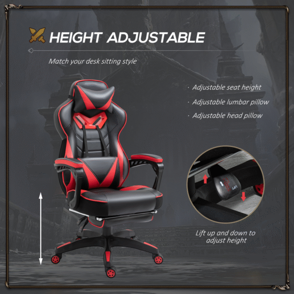 Gaming Chair Ergonomic Reclining w/ Manual Footrest Wheels Stylish Office Red - Image 4