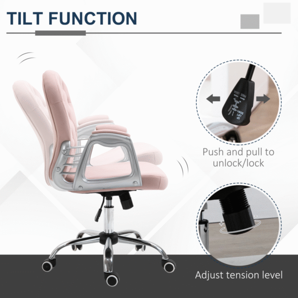 Office Chair Luxury Velour Diamond Tufted Padded Ergonomic 360� Swivel Pink - Image 5