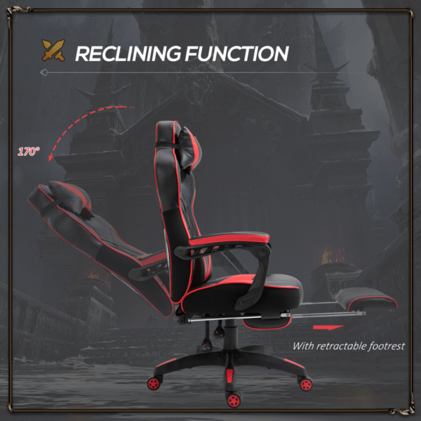 Gaming Chair Ergonomic Reclining w/ Manual Footrest Wheels Stylish Office Red - Image 5