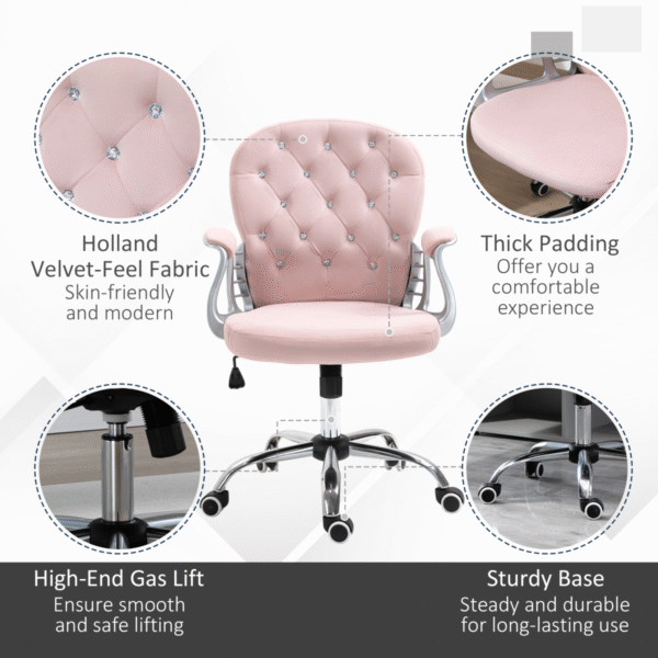 Office Chair Luxury Velour Diamond Tufted Padded Ergonomic 360� Swivel Pink - Image 6