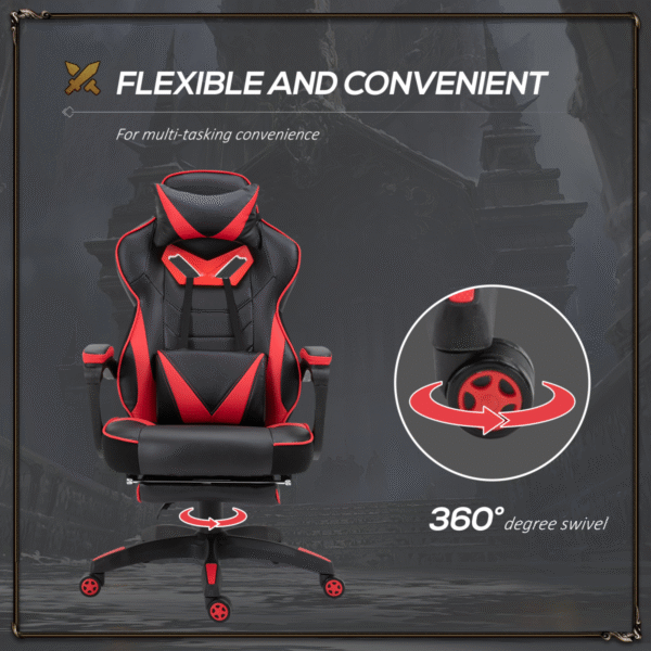 Gaming Chair Ergonomic Reclining w/ Manual Footrest Wheels Stylish Office Red - Image 6