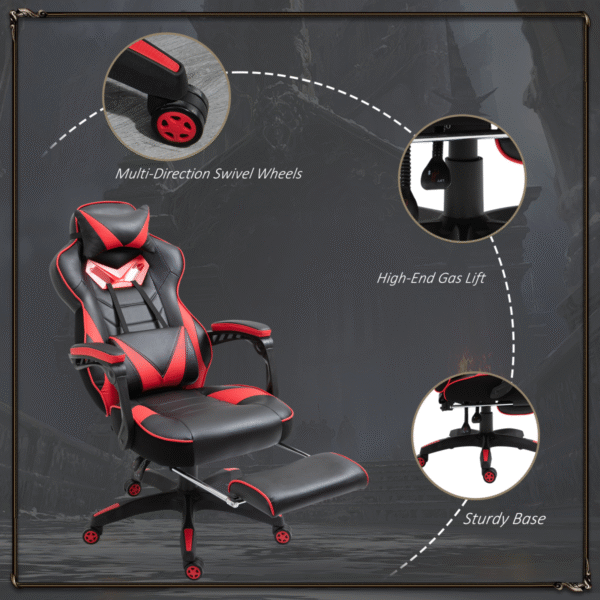 Gaming Chair Ergonomic Reclining w/ Manual Footrest Wheels Stylish Office Red - Image 7