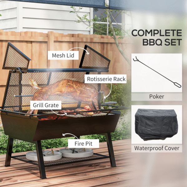 Outsunny 3-in-1 BBQ Rotisserie Grill Roaster Fire Pit for Outdoor Picnic Camping - Image 8