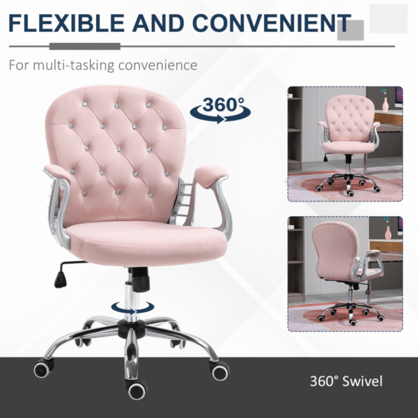 Office Chair Luxury Velour Diamond Tufted Padded Ergonomic 360� Swivel Pink - Image 8