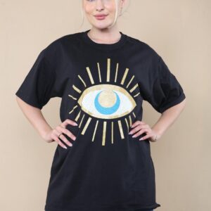 Ladies Oversized Sequin Eye Printed Short Sleeves T Shirt Top