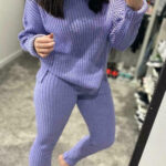 Ladies Chunky Knitted Ribbed Polo High Neck Top Leggings Loungewear Suit Set