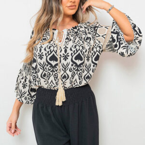 Boho Printed Tassel Tie Neck Long Sleeve Loose Tops