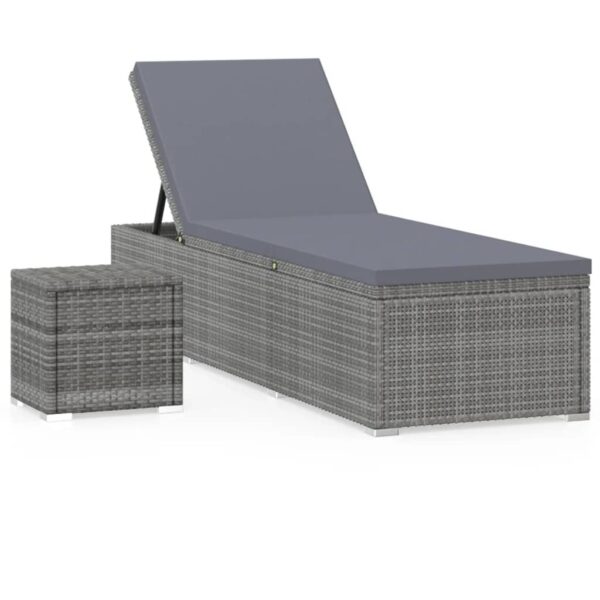 Sun Lounger with Cushion and Tea Table Poly Rattan Grey - Image 2