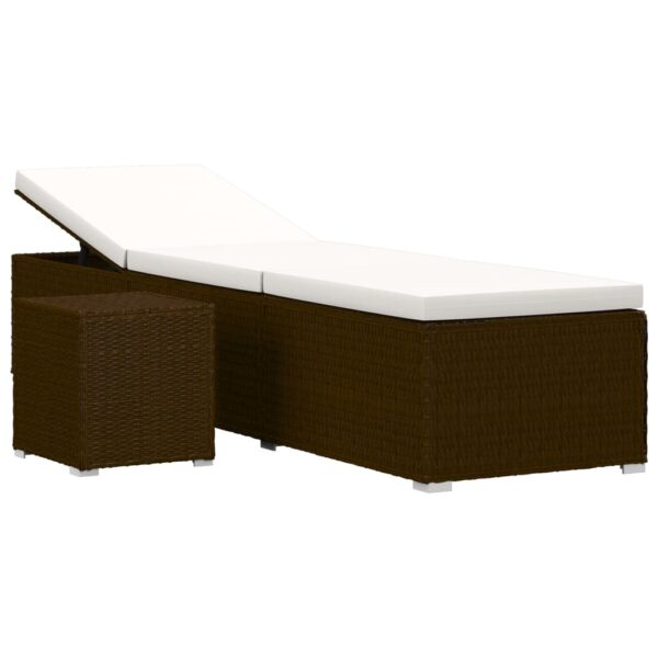 Sun Lounger with Cushion and Tea Table Poly Rattan Brown - Image 2