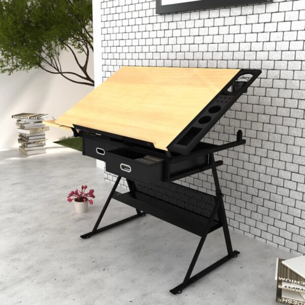 Two Drawers Tiltable Tabletop Drawing Table with Stool - Image 2