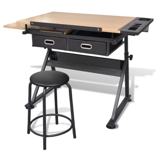 Two Drawers Tiltable Tabletop Drawing Table with Stool - Image 4