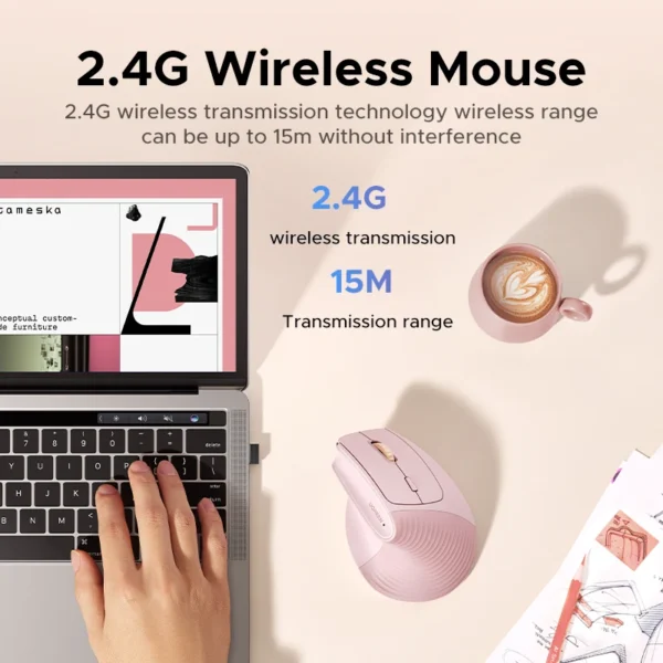 UGREEN Vertical Wireless Mouse 2.4G Ergonomic 4000DPI 6 Mute Buttons for MacBook Tablet Laptops Computer PC Mice Black Pink - Image 6