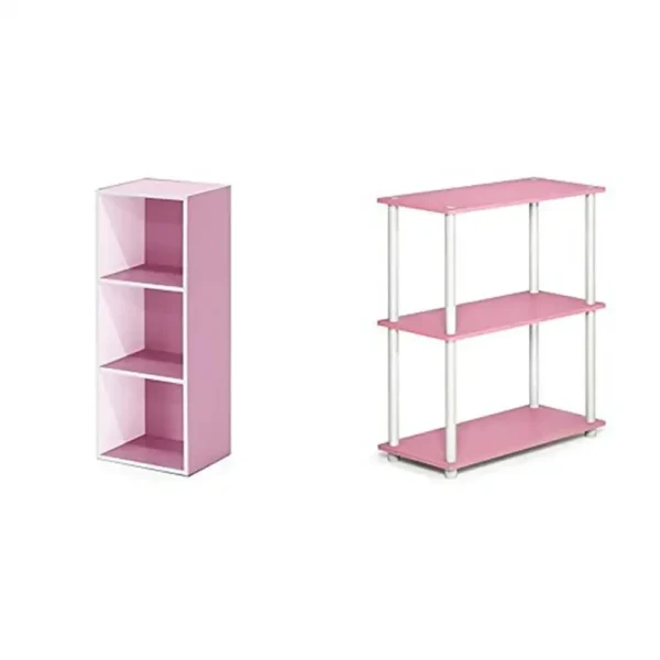3-Tier Sturdy Bookcase & Display Rack White/Pink Bedroom Study Adult 9.25"D x 9.25"W x 47.2"H Easy Assembly & Holds 25 lbs Shelf
