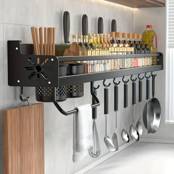 1 PC hanging spice rack wall rack, pot rack, space saving kitchen utensil rack with hooks, kitchen storage rack, used for tablew
