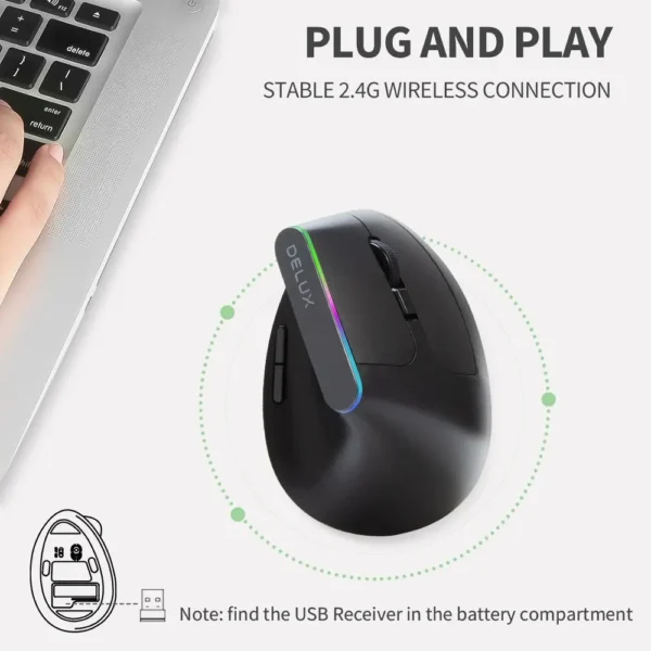 Delux M618C Wireless Silent Ergonomic Vertical 6 Buttons Gaming Mouse USB Receiver RGB 1600 DPI Optical Mice With For PC Laptop - Image 3