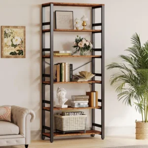 31.5in Wide Shelf 6 Tier Bookcase, for Bedroom, 110lbs/shelf Vintage Industrial Style Bookshelves