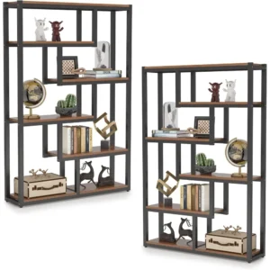 TRIBESIGNS WAY TO ORIGIN 6-Shelf Industrial Bookshelf Set of 2, Vintage Etagere Bookcase, 69 Inch Tall Storage Display Staggered