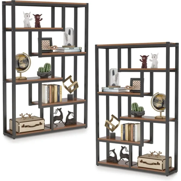 TRIBESIGNS WAY TO ORIGIN 6-Shelf Industrial Bookshelf Set of 2, Vintage Etagere Bookcase, 69 Inch Tall Storage Display Staggered