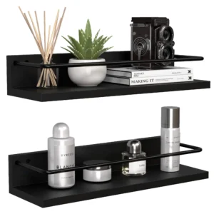 Floating Black Shelves with Metal Guardrail, Wall Mounted Shelf for Wall Decor Set of 2, Modern Bathroom Storage Shelves for Bat