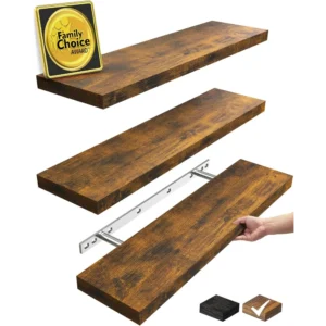 Chic Set of 3 Black 15.7" Rustic Floating Wall Shelves with 22lbs Capacity, Ideal for Home Decor & Storage