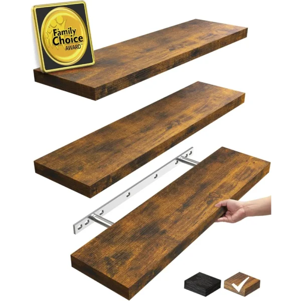 Chic Set of 3 Black 15.7" Rustic Floating Wall Shelves with 22lbs Capacity, Ideal for Home Decor & Storage