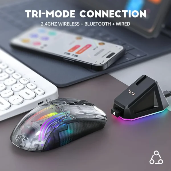 ATTACK SHARK X2Pro Wireless Gaming Mouse with RGB Charging Dock,Tri-Mode Mute Mouse RGB Backlit,Transparent Shell,PixArt 3212 - Image 6