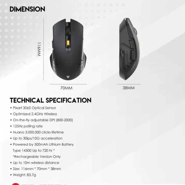 FANTECH RAIGOR III WG12 WG12R Wireless Optical Mouse 2000DPI and 3 Million Clicks Rechargeable Mice Office Mouse for PC Laptop - Image 6