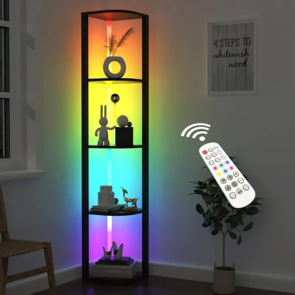 Corner Shelf Bookshelf with RGB LED Lights, 5-Tier Corner Bookshelf Organizer, 64" Corner Cabinet Wood Display Shelf