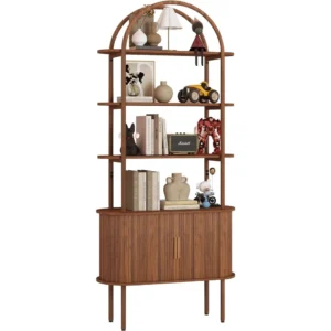 71" Tall Fluted Arched Bookshelf with Sliding Tambour Doors, Mid Century Modern Metal Curved Bookshelf Cabinet with Storage