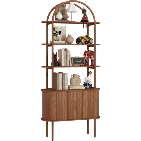 71" Tall Fluted Arched Bookshelf with Sliding Tambour Doors, Mid Century Modern Metal Curved Bookshelf Cabinet with Storage