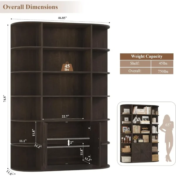 75" Tall Book Shelf and Bookcase, 47" Wide Bookcase with Doors, Freestanding Wood Display Shelves,6 Tier Bookshelf with Storage - Image 2