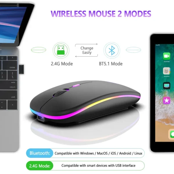 Wireless Mouse Bluetooth and 2.4GHz Dual Modes Rechargeable RGB Ergonomic Silent Click for PC iPad Laptop Cell Phone TV - Image 2