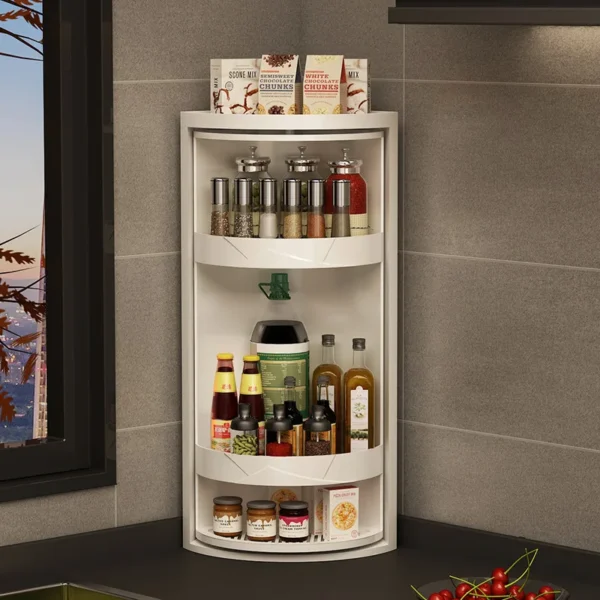 Kitchen Rotating Storage Rack Corner Shelf 360° Rotateable Household Layered Adjustable Shelf Organizer Spice Cans Bottle Holder - Image 6
