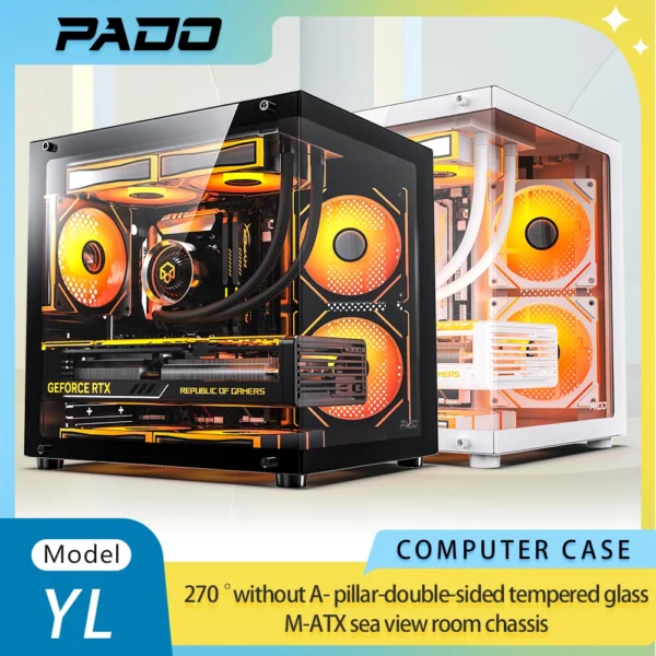 PADO YL M-ATX Gaming PC Case Desktop 270° Sea View Room Computer Case Without A-pillar Double-Sided Transparent PC Gamer Cabinet