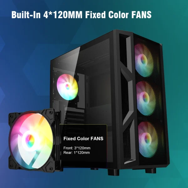 Ruix CV103 Color USB3.0 Tempered Glass Side Panel Mid Tower ATX Gaming Computer Case With Fixed Rainbow Fans*4PCS With Mesh - Image 3
