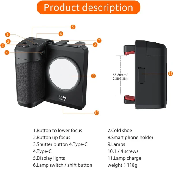 New Smartphone Selfie Shooting Grip Bluetooth Remote Control Selfie Mobile Mount Holder with 1/4 Screw Fill Light Phone Shutter - Image 4